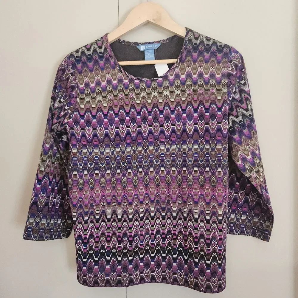 F33 Koret Rich Purple & Gold Chic Zigzag pattern Blouse 3/4 sleeves round neck